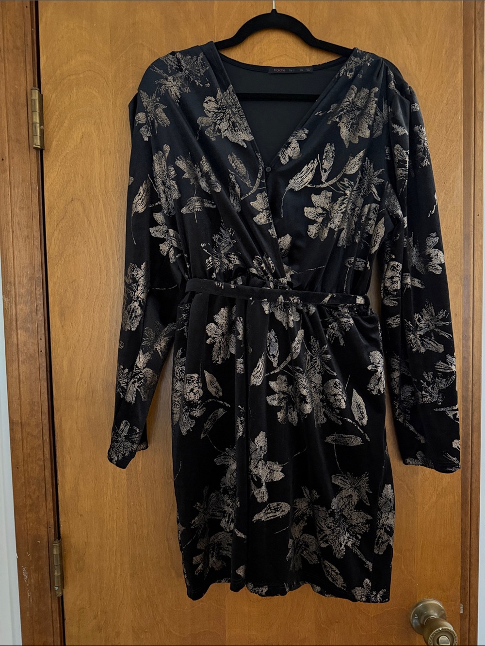 Black Floral Velvet Wrap Mini Dress with Self Tie Belt